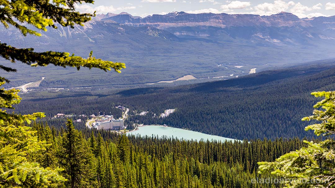 View of Fairmont Chateau Lake Louise from hiking trail.