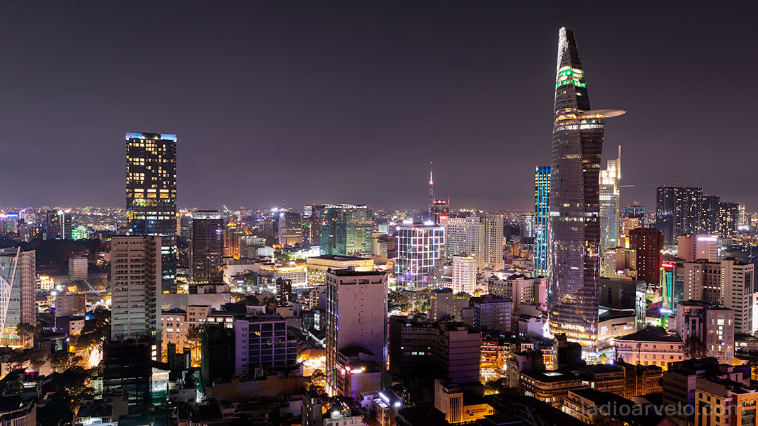 Ho Chi Minh City skyline at night time.