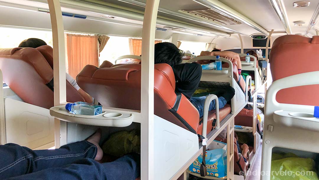 Inside view of a sleeper bus used to travel between cities in Vietnam.